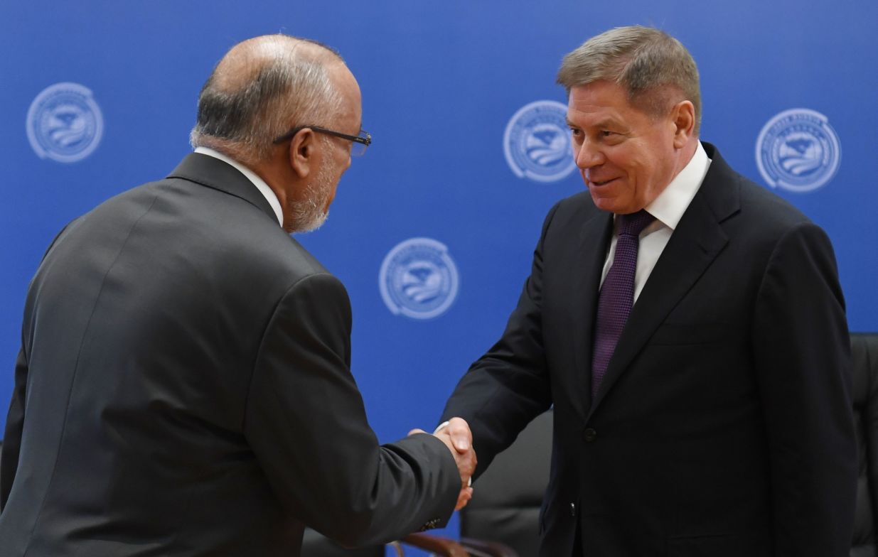 Chief Justice of the Supreme Court of Afghanistan Sayed Yousuf Halim (left) and Chief Justice of the Supreme Court of Russia Vyacheslav Lebedev at a meeting of Supreme Court Chief Justices of the Shanghai Cooperation Organisation (SCO) member states in Sochi