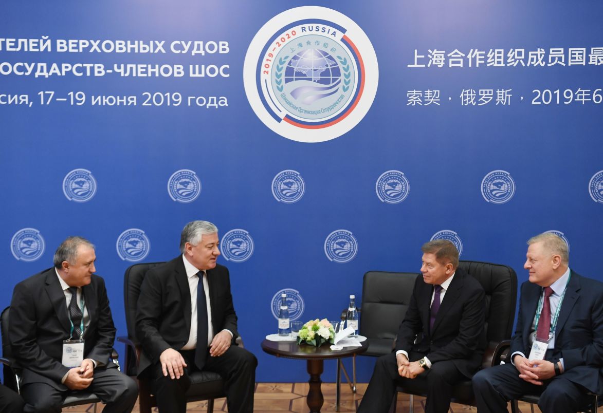 Chief Justice of the Supreme Court of Tajikistan Shermuhammad Shokhiyon (second from the left) and Chief Justice of the Supreme Court of Russia Vyacheslav Lebedev (second from the right) at a meeting of Supreme Court Chief Justices of the Shanghai Cooperation Organisation (SCO) member states in Sochi