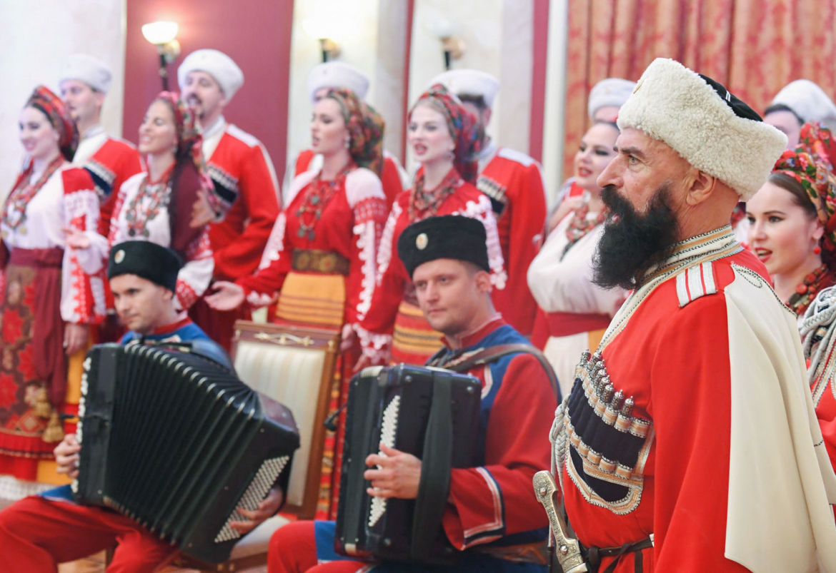 Performers of the Kuban Cossack Choir at the welcoming dinner on behalf of the Supreme Court of Russia held as part of the meeting of Supreme Court Chief Justices of the Shanghai Cooperation Organisation (SCO) in Sochi