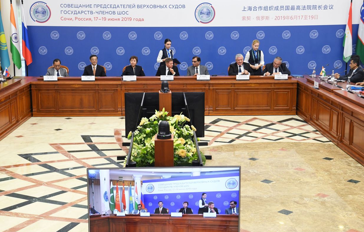 The 14th Meeting of Supreme Court Chief Justices of the Shanghai Cooperation Organisation (SCO) Member States. From left to right: Chief Justice of the Supreme Court of India Ranjan Gogoi, Chief Justice and President of the Supreme People’s Court of China Zhou Qiang, Chief Justice of the Supreme Court of Kyrgyzstan Gulbara Kaliyeva, Chief Justice of the Supreme Court of Russia Vyacheslav Lebedev, Judge of the Supreme Court of Pakistan Manzoor Ahmad Malik, Chief Justice of the Supreme Court of Tajikistan Shermuhammad Shokhiyon and Chief Justice of the Supreme Court of Uzbekistan Kozimjan Kamilov. 