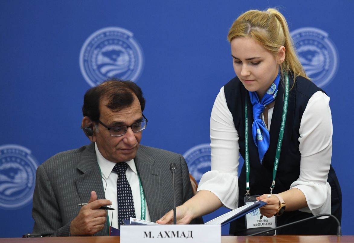 Judge of the Supreme Court of Pakistan Manzoor Ahmad Malik during the signing of a joint statement following the 14th Meeting of Supreme Court Chief Justices of the Shanghai Cooperation Organisation (SCO) Member States.