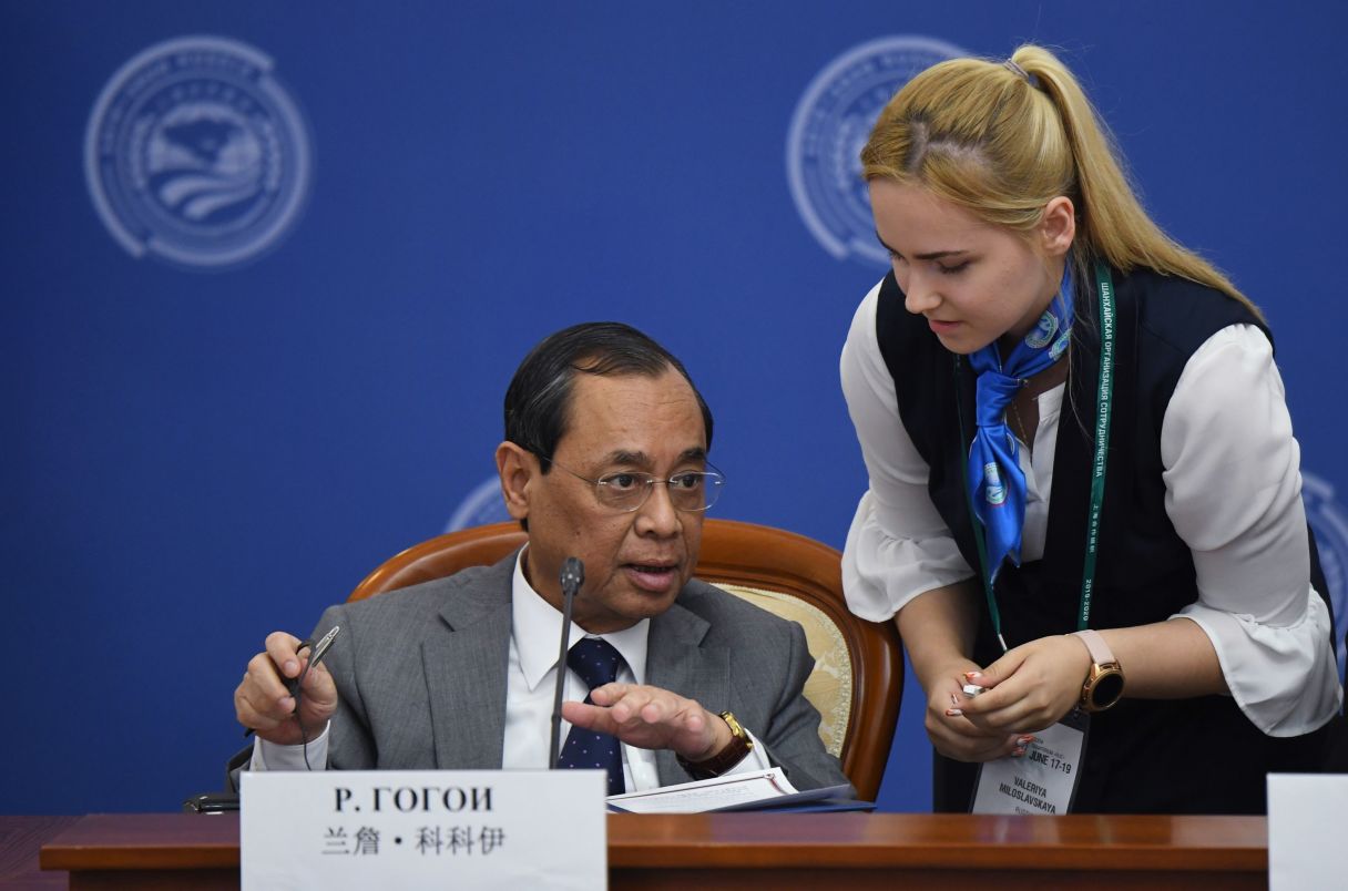 Chief Justice of the Supreme Court of India Ranjan Gogoi during the signing of a joint statement following the 14th Meeting of Supreme Court Chief Justices of the Shanghai Cooperation Organisation (SCO) Member States.